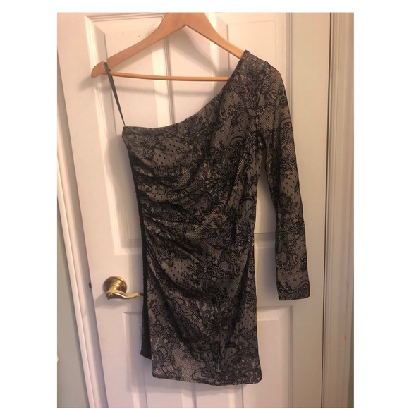 One shoulder, lace overlay bodycon dress. - Picture 1 of 2